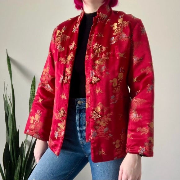 Vintage Jackets & Blazers - Vintage 1980s Pearl Red Satin Embroidered Chinese Style House Coat Jacket